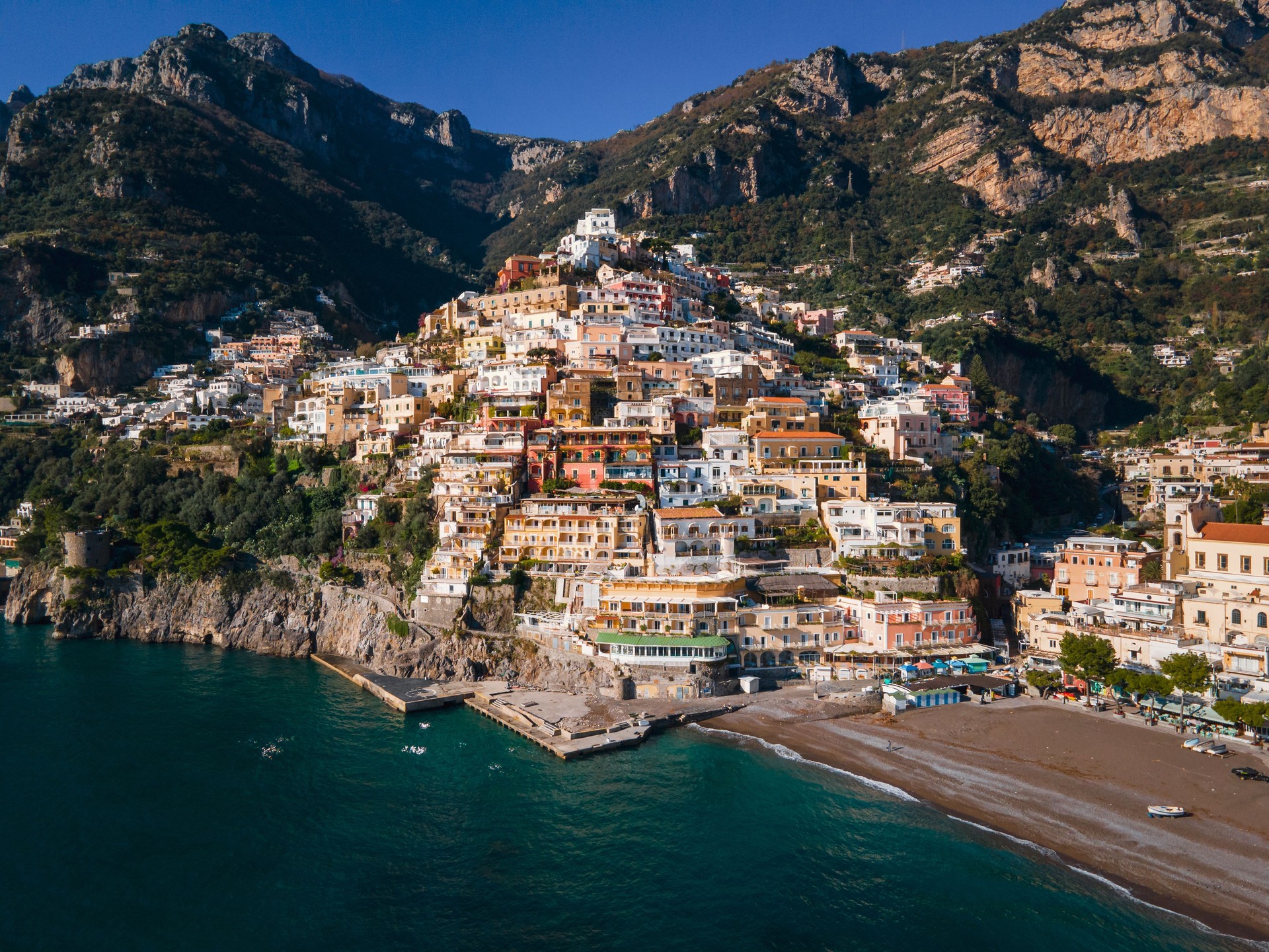 Areal view of Positano a famous travel destination in Southern Italy on the scenic Amalfi coast